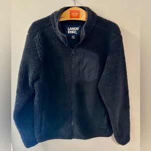 Lands’ End Sherpa teddy bear black fleece full zip sweater Medium Tall